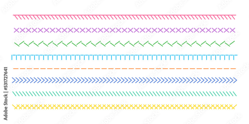 Poster set of line illustrations of various kinds of colorful thread stitching borders.