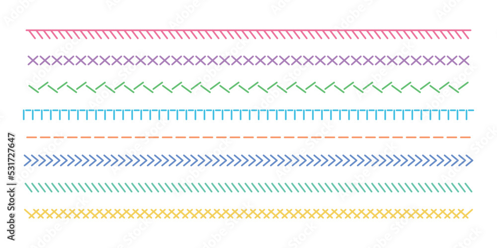 Poster set of line illustrations of various kinds of colorful thread stitching borders.