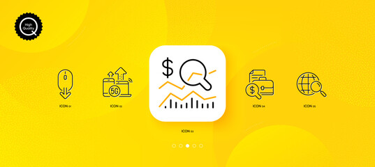Fototapeta na wymiar Check investment, 5g internet and Scroll down minimal line icons. Yellow abstract background. Accounting report, Web search icons. For web, application, printing. Vector
