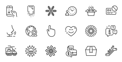 Outline set of Versatile, Time management and Cyber attack line icons for web application. Talk, information, delivery truck outline icon. Include Hand click, Packing boxes, Scroll down icons. Vector