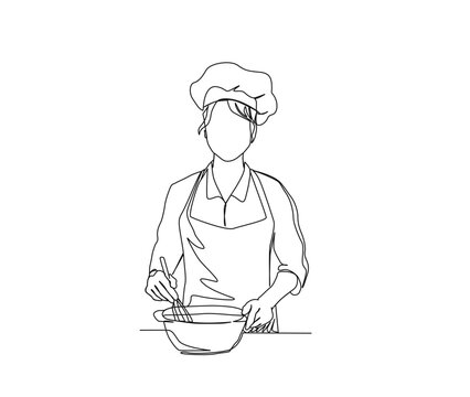 recommend clip art: Continuous line drawing of Chef Stirring in Mixing Bowl vector illustration. Chef working single line art hand drawn minimalism style.