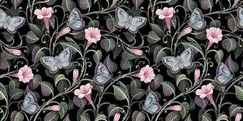 Blue butterflies, ivy pink rose flowers, tropical green leaves. Seamless pattern, dark background, texture. 3d illustration, watercolor painting. Luxury wallpaper, premium design, modern digital art - 531728063