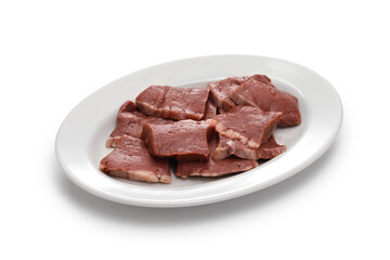 beef heart meat, raw offal meat before grilling, Korean barbecue ingredient