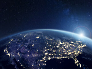 America at night viewed from space with city lights showing activity in United States. 3d render of planet Earth. Elements from NASA. Technology, global communication, world. USA. - Powered by Adobe