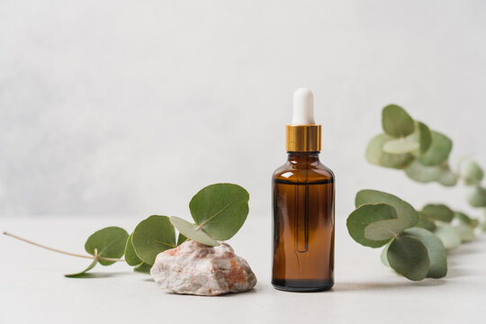 Serum in bottle with pipette and green eucalyptus leaves on white background. Natural organic cosmetics concept