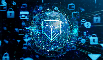 Global online security network protection for financial personal data around planet, wireless data connection transmission technology, internet telecommunication people smart devices, blue background