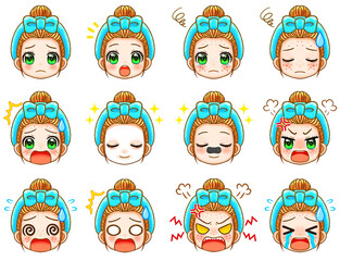 スキンケアをするヘアバンドの女性のちびキャラ顔アイコン素材