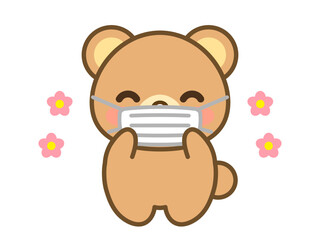 にこにこしながらマスクをするかわいいクマのイラスト素材