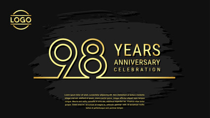 98 years anniversary celebration, anniversary celebration template design with gold color isolated on black brush background. vector template illustration - obrazy, fototapety, plakaty