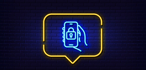 Neon light speech bubble. Locked app line icon. Hand hold phone sign. Cellphone with screen notification symbol. Neon light background. Locked app glow line. Brick wall banner. Vector