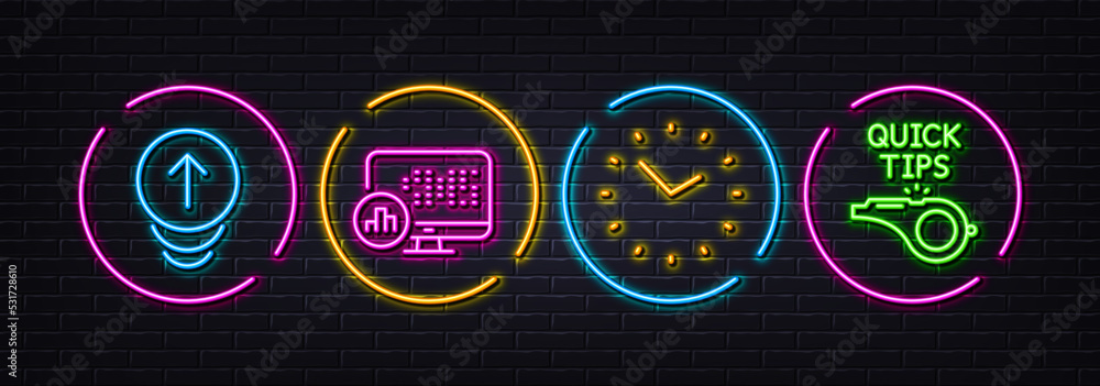 Poster report statistics, swipe up and time minimal line icons. neon laser 3d lights. tutorials icons. for 