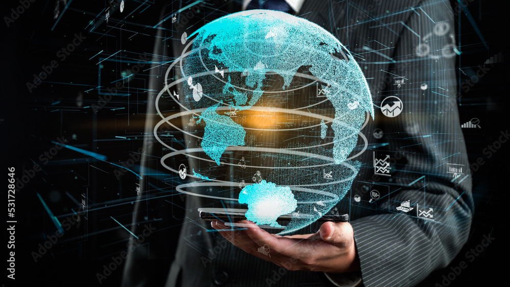 Aufkleber businessman show hologram of global business communication allusive technology. virtual augmented re