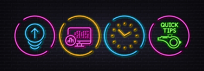 Report statistics, Swipe up and Time minimal line icons. Neon laser 3d lights. Tutorials icons. For web, application, printing. Graph chart, Scrolling page, Clock. Quick tips. Vector