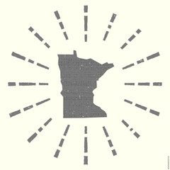 Minnesota Logo. Grunge sunburst poster with map of the us state. Shape of Minnesota filled with hex digits with sunburst rays around. Artistic vector illustration.