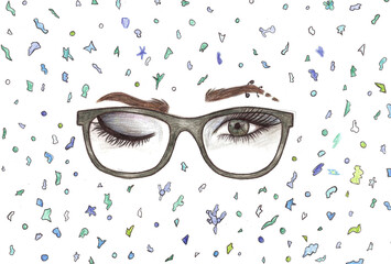 art, drawing, print, eye pattern with glasses.  seamless pattern with glasses and sunglasses