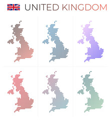 Obraz premium United Kingdom dotted map set. Map of the United Kingdom in a dotted style. Borders of the country filled with beautiful smooth gradient circles. Artistic vector illustration.
