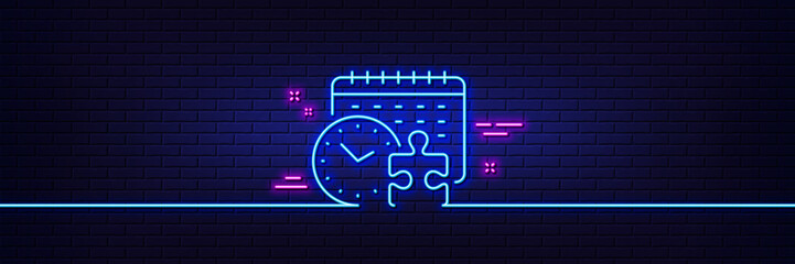 Neon light glow effect. Puzzle time line icon. Jigsaw piece with clock sign. Business challenge symbol. 3d line neon glow icon. Brick wall banner. Puzzle time outline. Vector