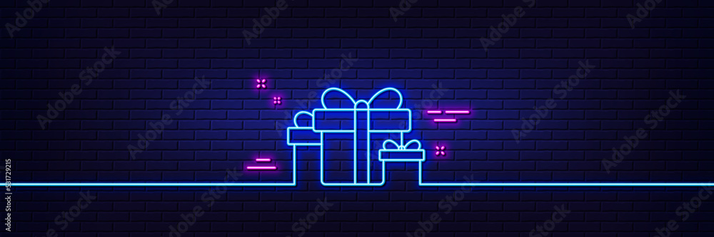 Wall mural neon light glow effect. gift boxes line icon. present or sale sign. birthday shopping symbol. packag