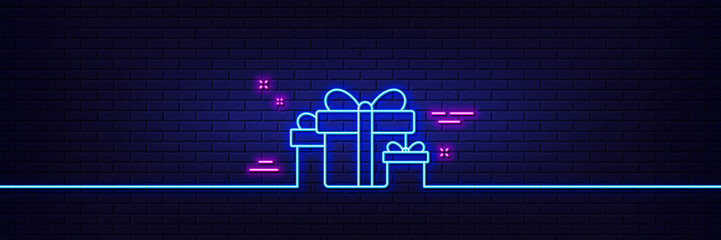 Neon light glow effect. Gift boxes line icon. Present or Sale sign. Birthday Shopping symbol. Package in Gift Wrap. 3d line neon glow icon. Brick wall banner. Holiday presents outline. Vector