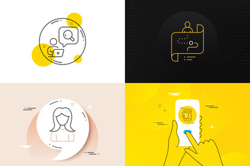 Minimal set of Mobile like, Journey path and Woman line icons. Phone screen, Quote banners. Inspect icons. For web development. Phone thumbs up, Project process, Girl profile. Search info. Vector