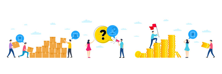 Set of Online question, Interview and Ranking star line icons. People characters with delivery parcel, money coins. Include Clipboard icons. For web, application. Vector