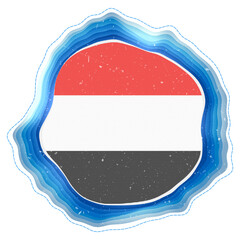 Yemen flag in frame. Badge of the country. Layered circular sign around Yemen flag. Creative vector illustration.