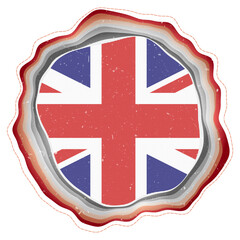 United Kingdom flag in frame. Badge of the country. Layered circular sign around United Kingdom flag. Creative vector illustration.