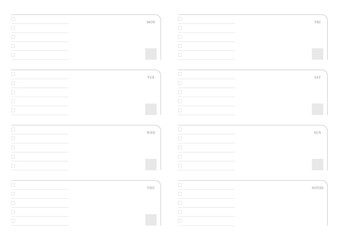 A weekly plan design template in a modern, simple, and minimalist style. Note, scheduler, diary, calendar, planner document template illustration.