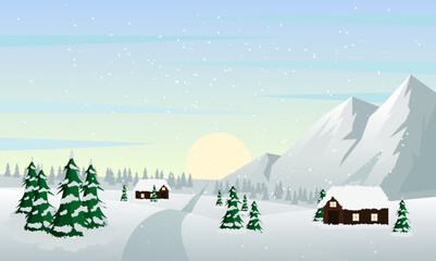 Winter landscape and houses with snowflakes falling from the sky, Christmas winter scenery of cold weather. in the morning sunrise