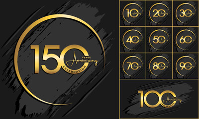 Set of anniversary logotype with gold color. Golden anniversary celebration emblem design for booklet, leaflet, brochure poster, web, invitation or greeting card. Vector illustration.