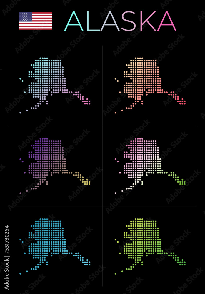 Poster alaska dotted map set. map of alaska in dotted style. borders of the us state filled with beautiful 