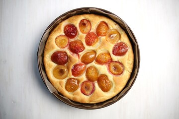 Plum cake in baking pan, just from oven, on white background