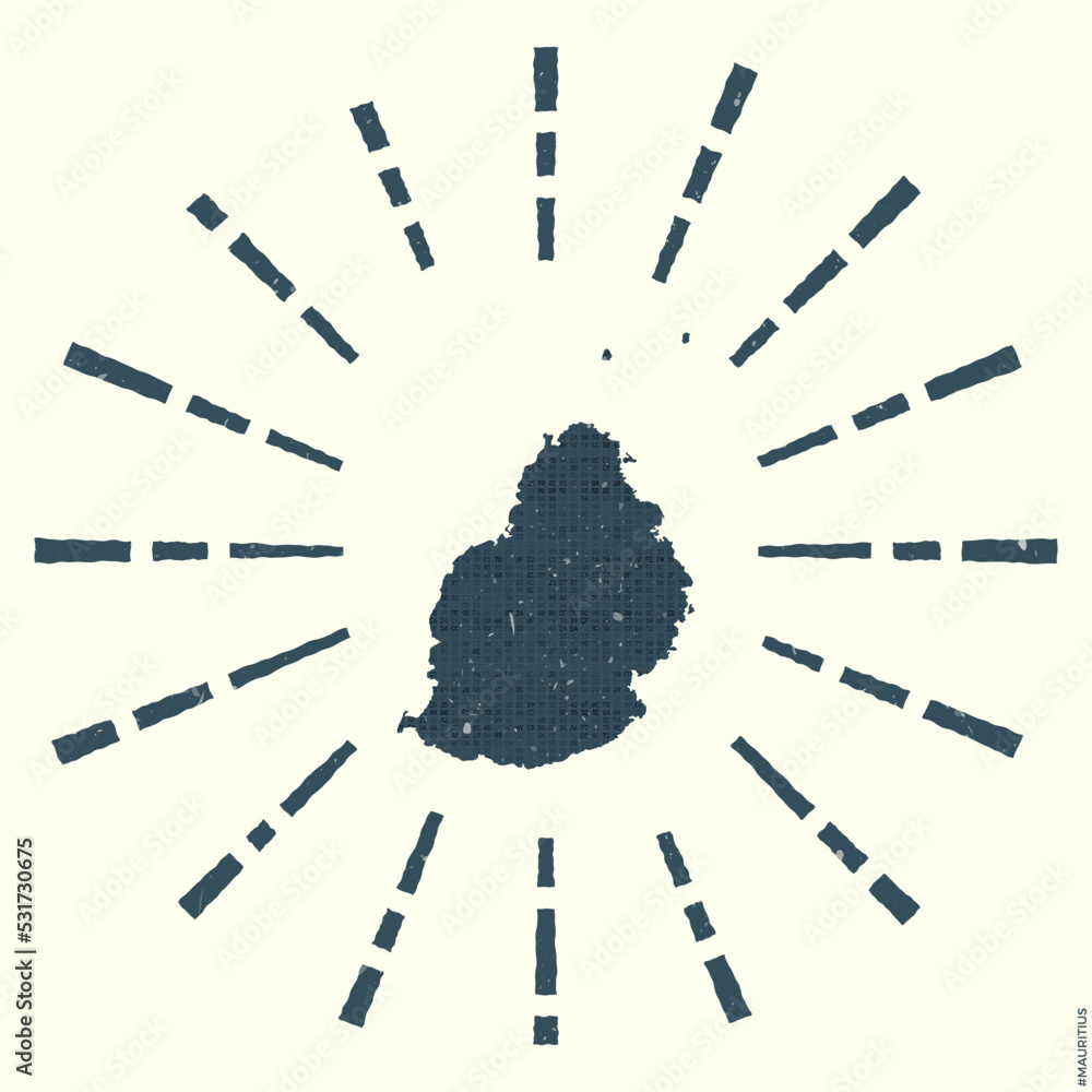 Poster mauritius logo. grunge sunburst poster with map of the island. shape of mauritius filled with hex di