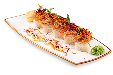 Sushi-Cake with Philadelphia cheese, tobiko caviar and eel. On a white background.