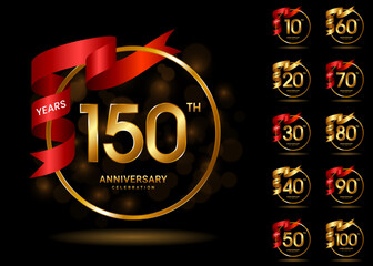 Set of anniversary logotype with gold and red ribbon. Golden anniversary celebration emblem design for booklet, leaflet, magazine, brochure poster, invitation or greeting card. Vector illustration.