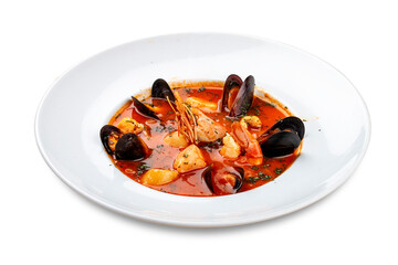 Spanish soup bouillabaisse with seafood, mussels, shrimps and scallop.