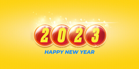 2023 Happy new year horizontal web banner background and 2023 greeting card, cover with text. vector 2023 new year sticker, label, icon, logo and badge isolated on stylish orange modern background