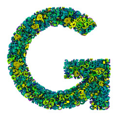 Letter G made of small iridescent letters z, 3d rendering