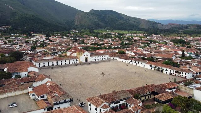 Drone aerial view of Villa de Leyva ,  Boyac&aacute;, Colombia. The colonial city with stone-paved streets and the Plaza Mayor the second largest square in South America