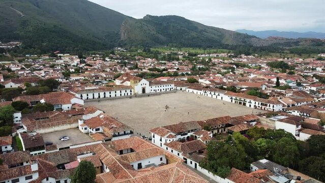 Drone aerial view of Villa de Leyva ,  Boyac&aacute;, Colombia. The colonial city with stone-paved streets and the Plaza Mayor the second largest square in South America