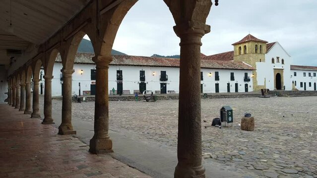 Drone aerial view of Villa de Leyva ,  Boyac&aacute;, Colombia. The colonial city with stone-paved streets and the Plaza Mayor the second largest square in South America