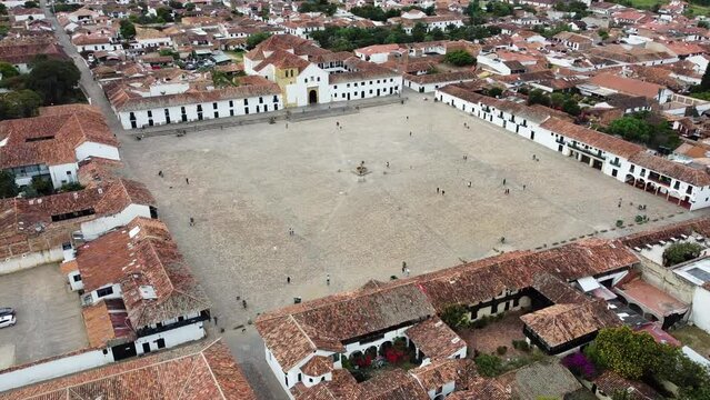 Drone aerial view of Villa de Leyva ,  Boyac&aacute;, Colombia. The colonial city with stone-paved streets and the Plaza Mayor the second largest square in South America
