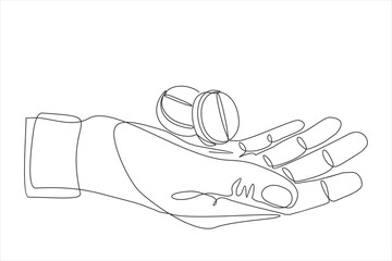 One continuous line drawing of hand holding two pills. Vector illustration