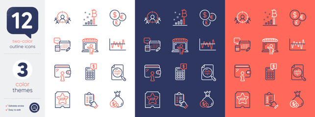 Set of Checklist, Market seller and Analytics chart line icons. Include Account, Stock analysis, Money currency icons. Wallet, Vip ticket, Business targeting web elements. Calculator. Vector