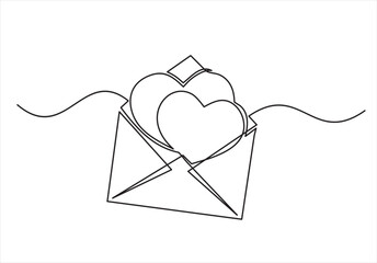 Fototapeta premium Heart in envelope vector one continuous line art. Line illustration. Minimalist print. Black and white.