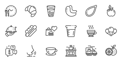 Outline set of Orange, Cooking beaker and Hotdog line icons for web application. Talk, information, delivery truck outline icon. Include Food delivery, Ice creams, Food donation icons. Vector
