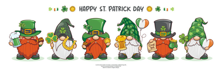Happy St. Patrick Day With Cute Gnome On Banner Design, Leprechaun Character, Cute Cartoon Illustration - obrazy, fototapety, plakaty
