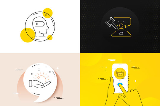 Minimal set of Judge hammer, Weariness and Photo album line icons. Phone screen, Quote banners. Sunny weather icons. For web development. Judgement, Mind fatigue, Image gallery. Hold sun. Vector