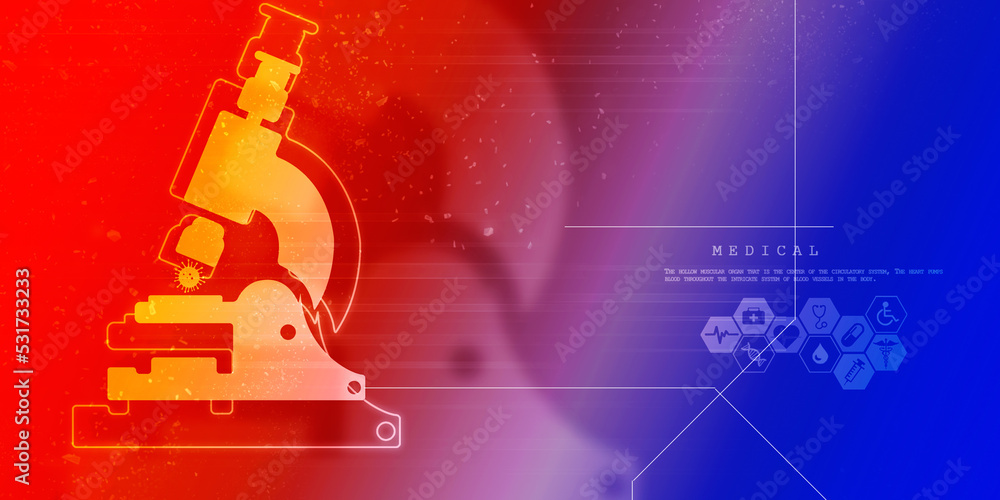 Poster 2d rendering virus testing microscope with medicine bottle