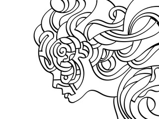 Disegno di contorno da riempire con colori.  Profilo di donna giovane con capelli al vento.